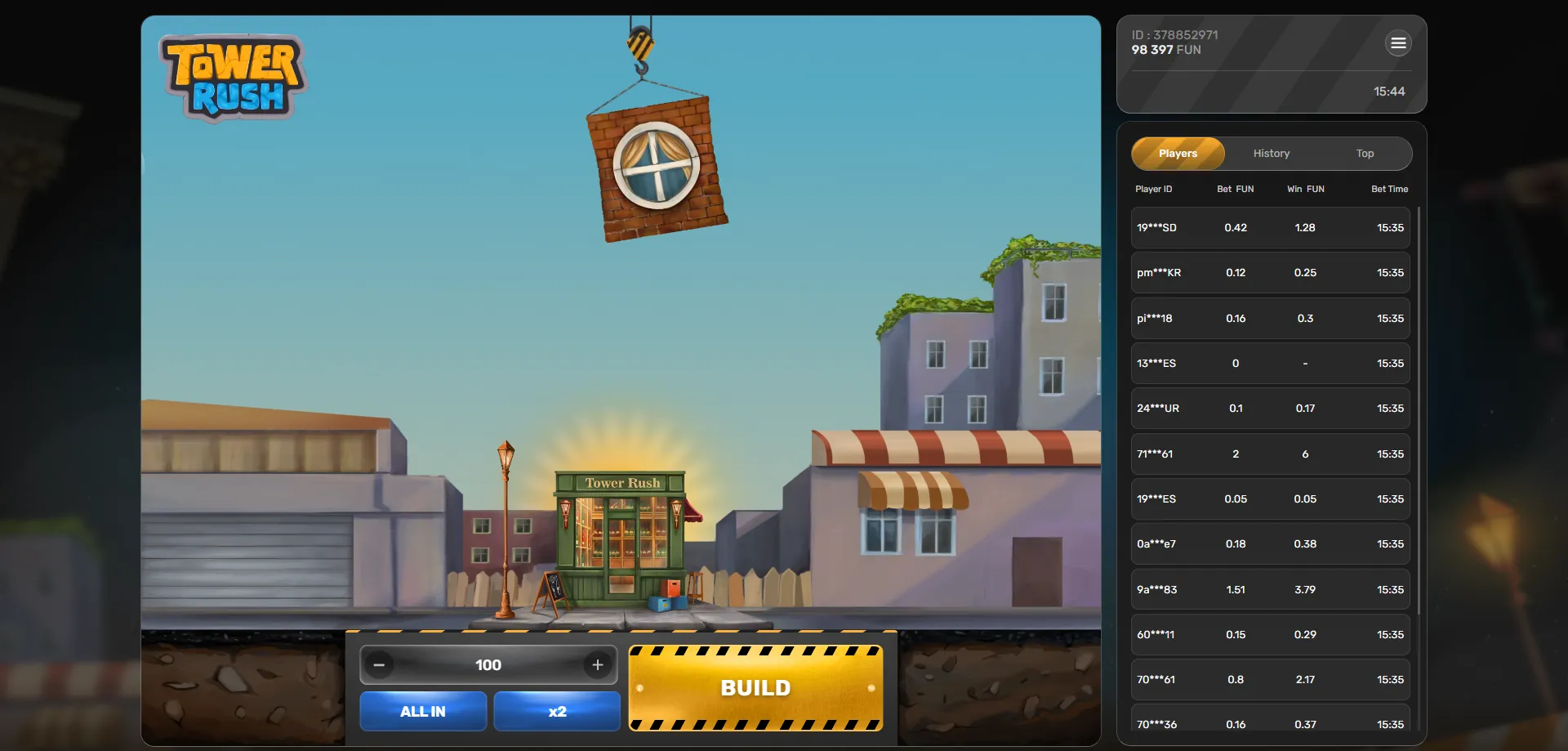 Tower Rush crash game by Galaxsys — real money multiplier gameplay